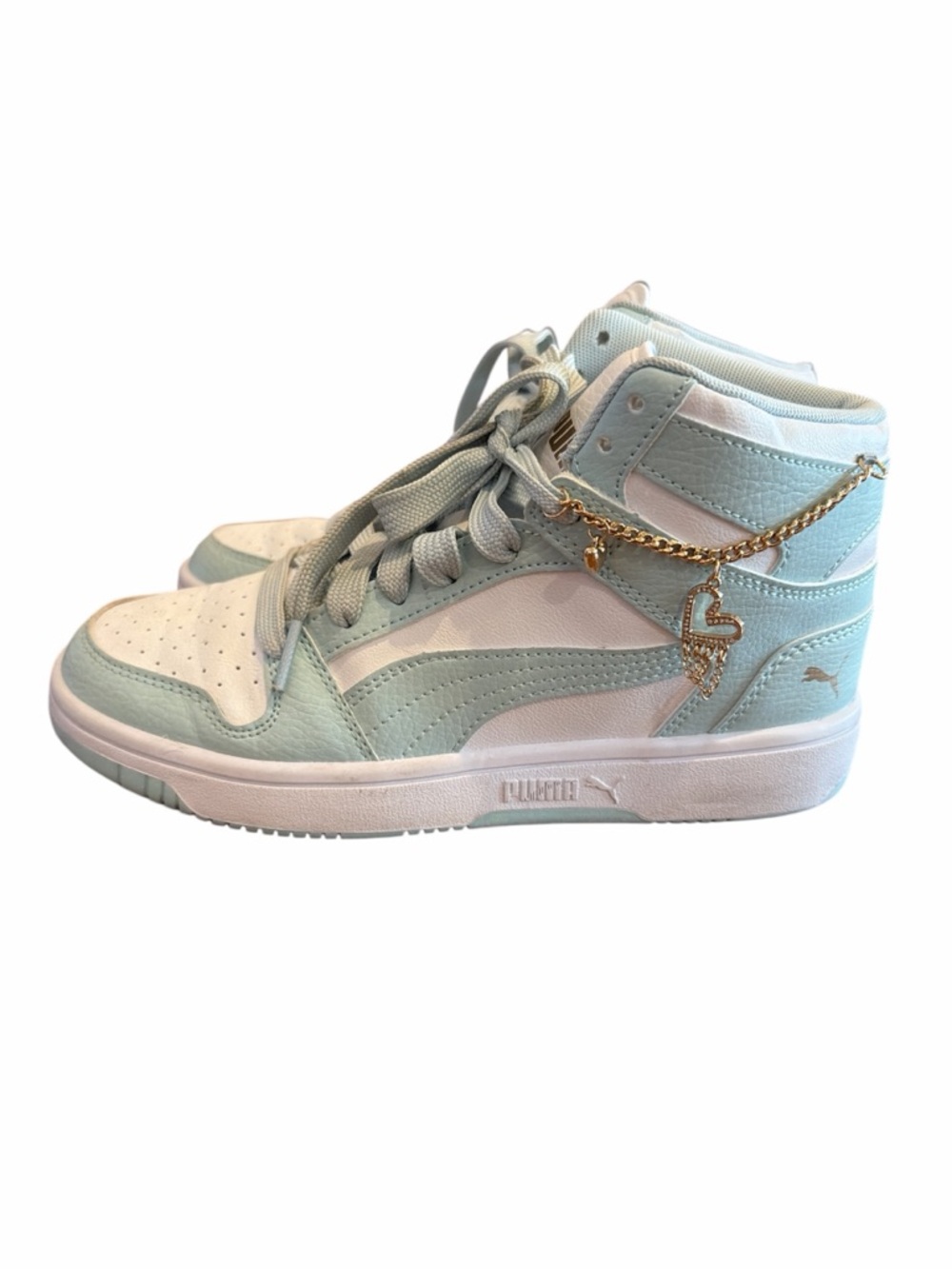 Girls Puma High-Top Sneakers in Mint Green & White with Gold Charm Size 4.5